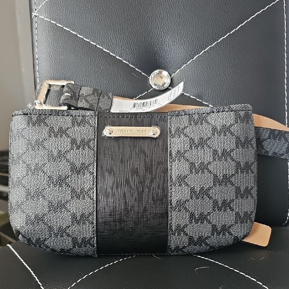 Michael Kors Monogram Black and Gray‎ Pouch Belted Bag!